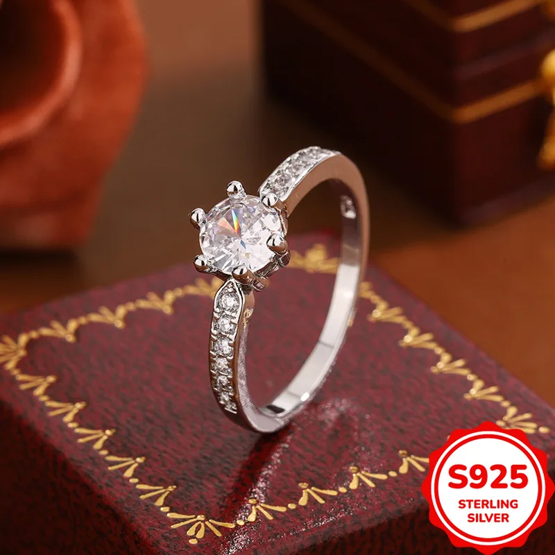 

Exquisite and Versatile Authentic S925 Silver Six-prong Commuting Personalized Women's Wedding Ring
