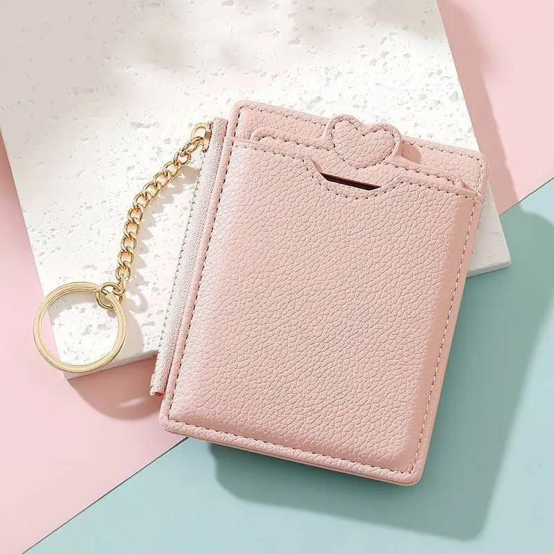 Heart Decor Mini Card Holder with Keychain Slim Wallet Portable Card Pouch Light Blue Pink Silver Black