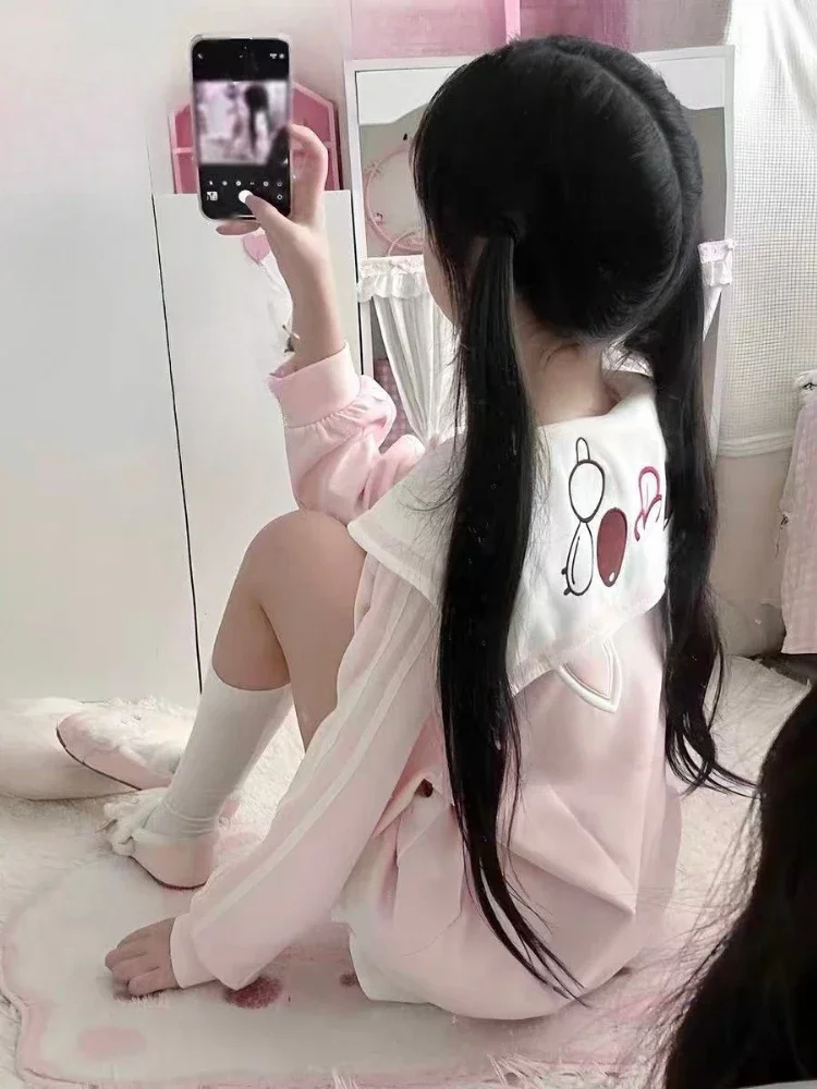 Japanese Sweet Cartoon Embroidery Hoddies Women Preppy Style Kawaii Fasion Hoody Jacket Y2k Aesthetic Grunge Pocket Sweatshirt - view 4