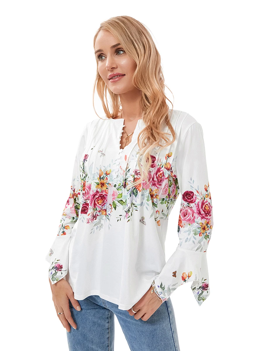 Blusa holgada con estampado Floral para mujer, blusa informal elegante con cuello en V, botones delanteros, manga 3 y 4