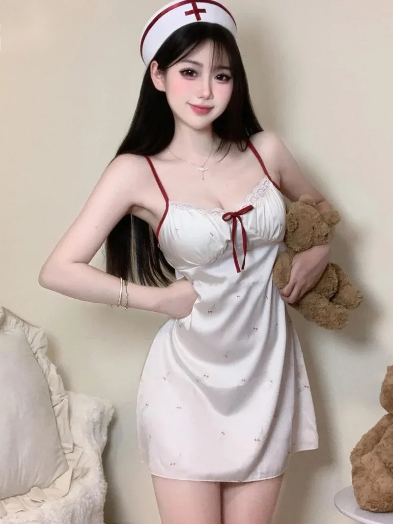 

Summer Sexy Sleeping Belt Chest Cushion Tank Mini Dress Dot Lace Thin Sleeping Korean Sweet Bow Floral Dress Elegant MHD9