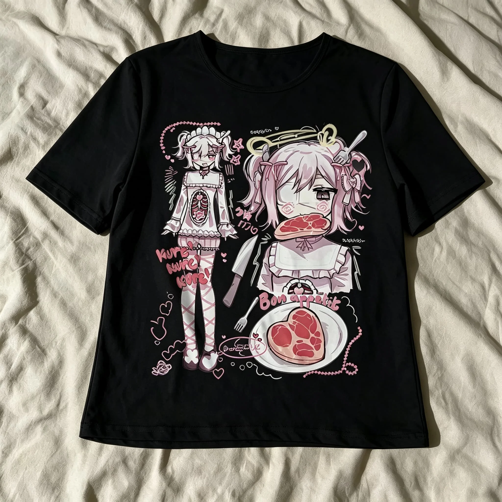 2026 Kawaii Anime Girl T Shirt Women Gothic Harajuku Bon Appetit Print Short Sleeve T-shirt Casual Summer Ladies Graphic Tee Top