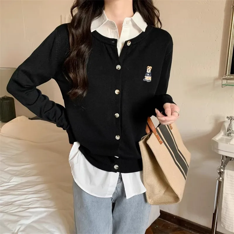 2023 new women's crewneck cardigan embroidered bear sweater autumn/winter knitted cashmere blend cardigan jacket