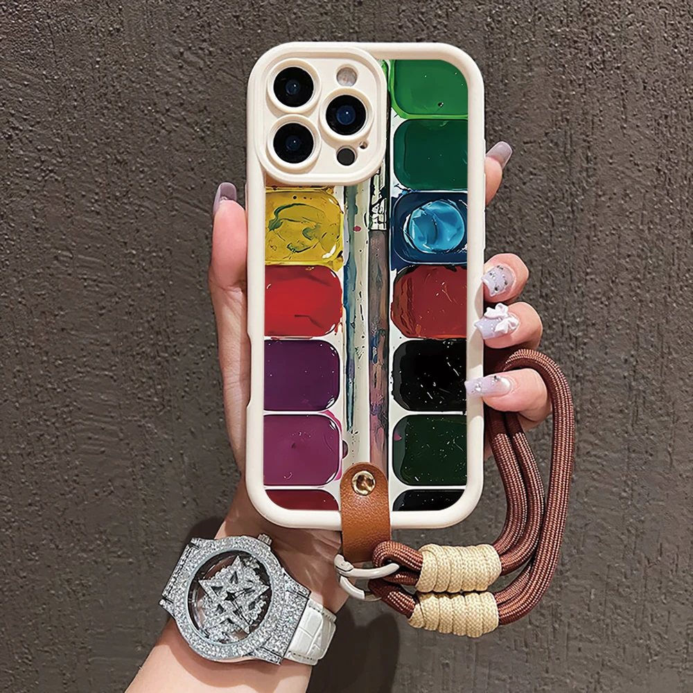 Kreative Kunst-Paletten-Silikon-Handyhülle für iPhone 17 16 17 Pro 15 14 13 12 11 Pro Max 16E 7 8 Plus XR XS mit Lanyard-Abdeckung – Detail 1