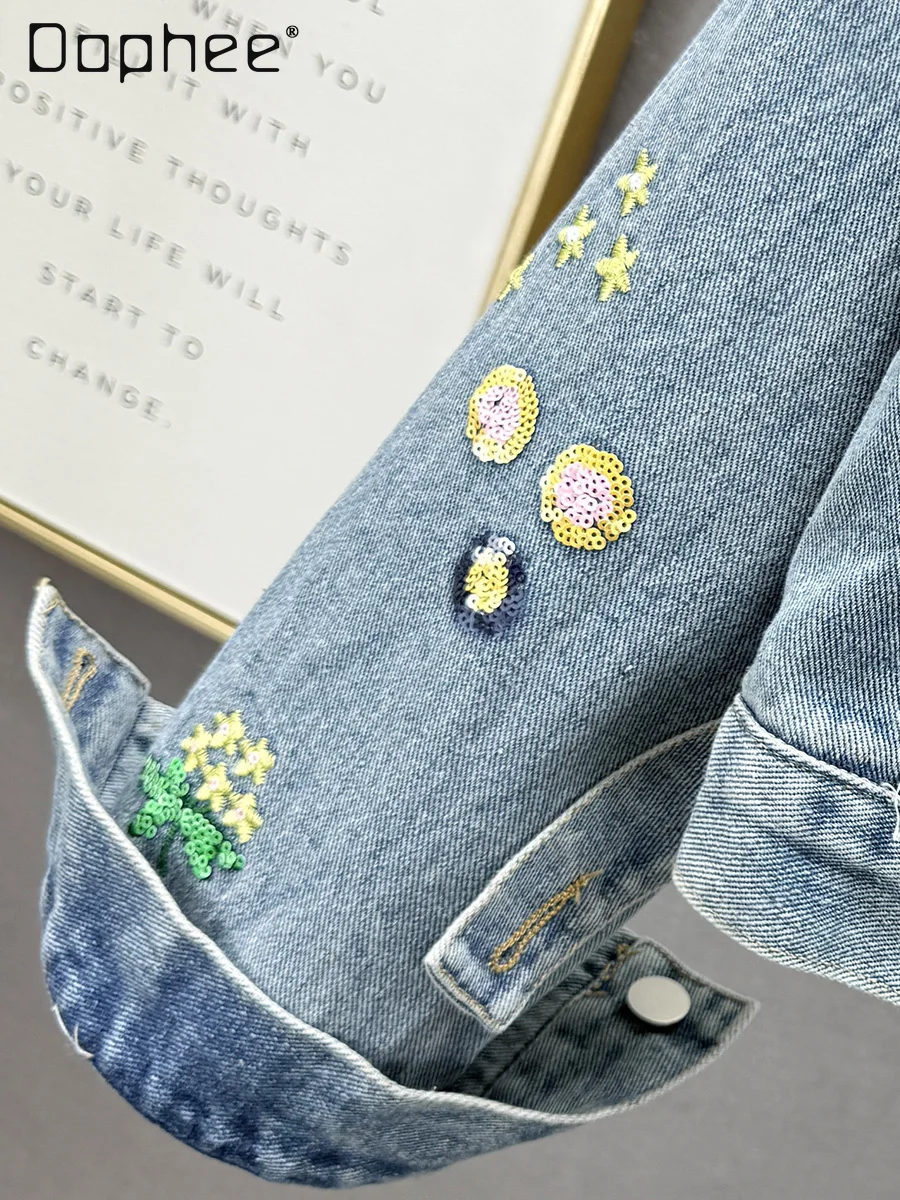 Fashion Retro Embroidered Short Denim Jacket Women Spring 2025 New High Waist Loose Slim Versatile Casual Long-sleeved Jean Top