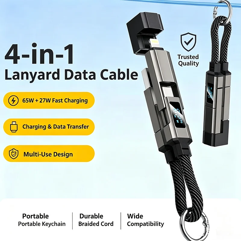 65W 4‑in‑1 Keychain USB‑C Charging Cable with V/A/W Power Display, Multi Fast Charger Cord for iPhone iPad Samsung Laptops