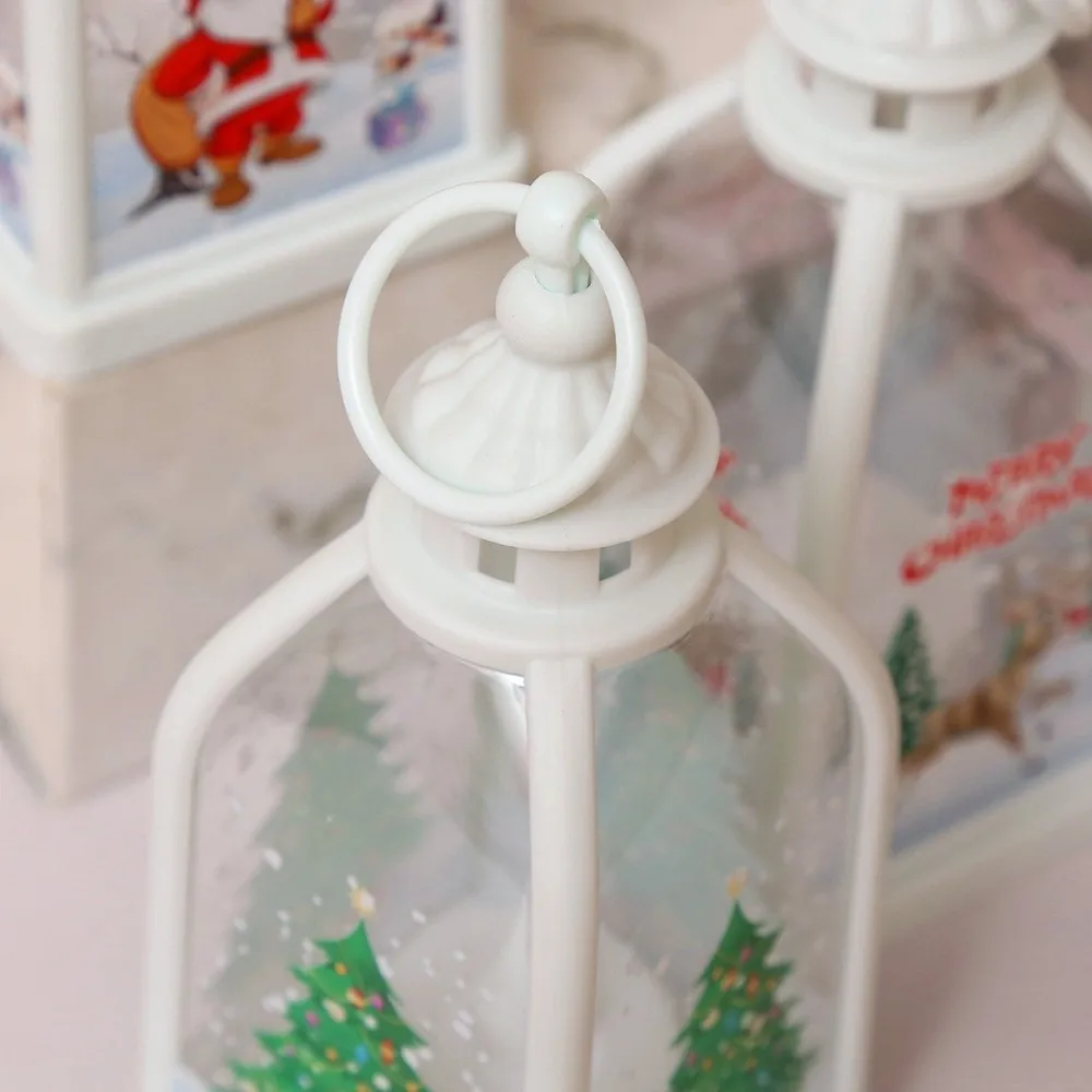 Warm Glow Christmas Lantern Plastic Shell Hanging Ring LED Candle Lamp Printed Pattern Vintage Shape Hanging Holiday Lantern