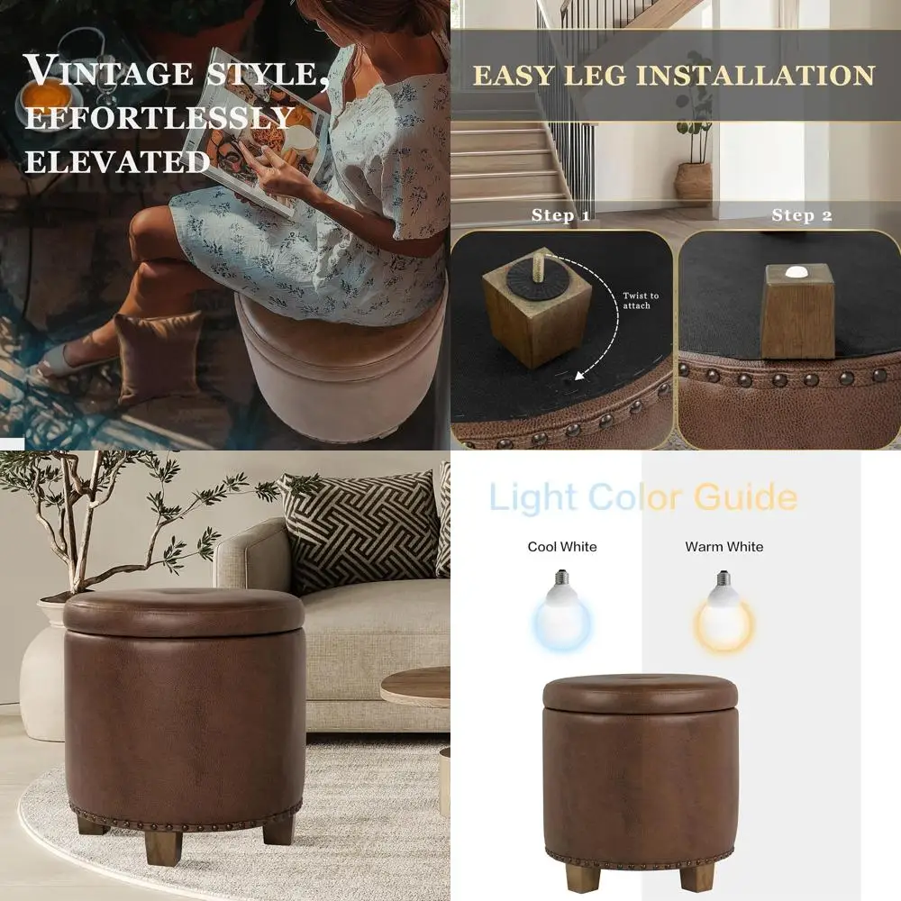 

Brown Faux Leather Round Ottoman with Storage, Upholstered Accent for Living & Bedroom