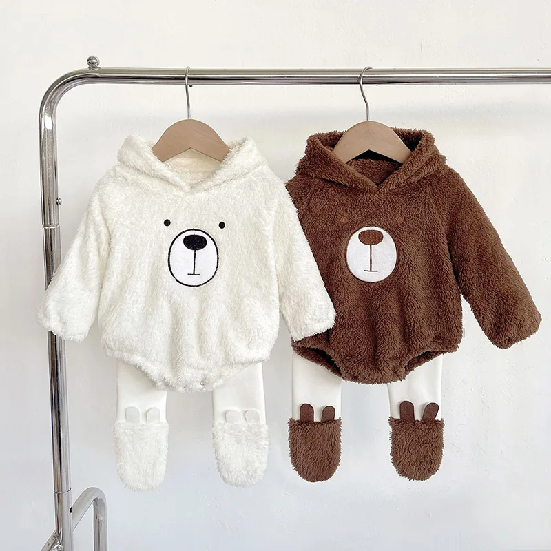 

Зимний детский плюшевый комбинезон, толстые теплые колготки для новорожденных, комбинезон с милым медведем, детская одежда с героями мультфильмов, боди с длинными рукавами и капюшоном, От 0 до 2 лет