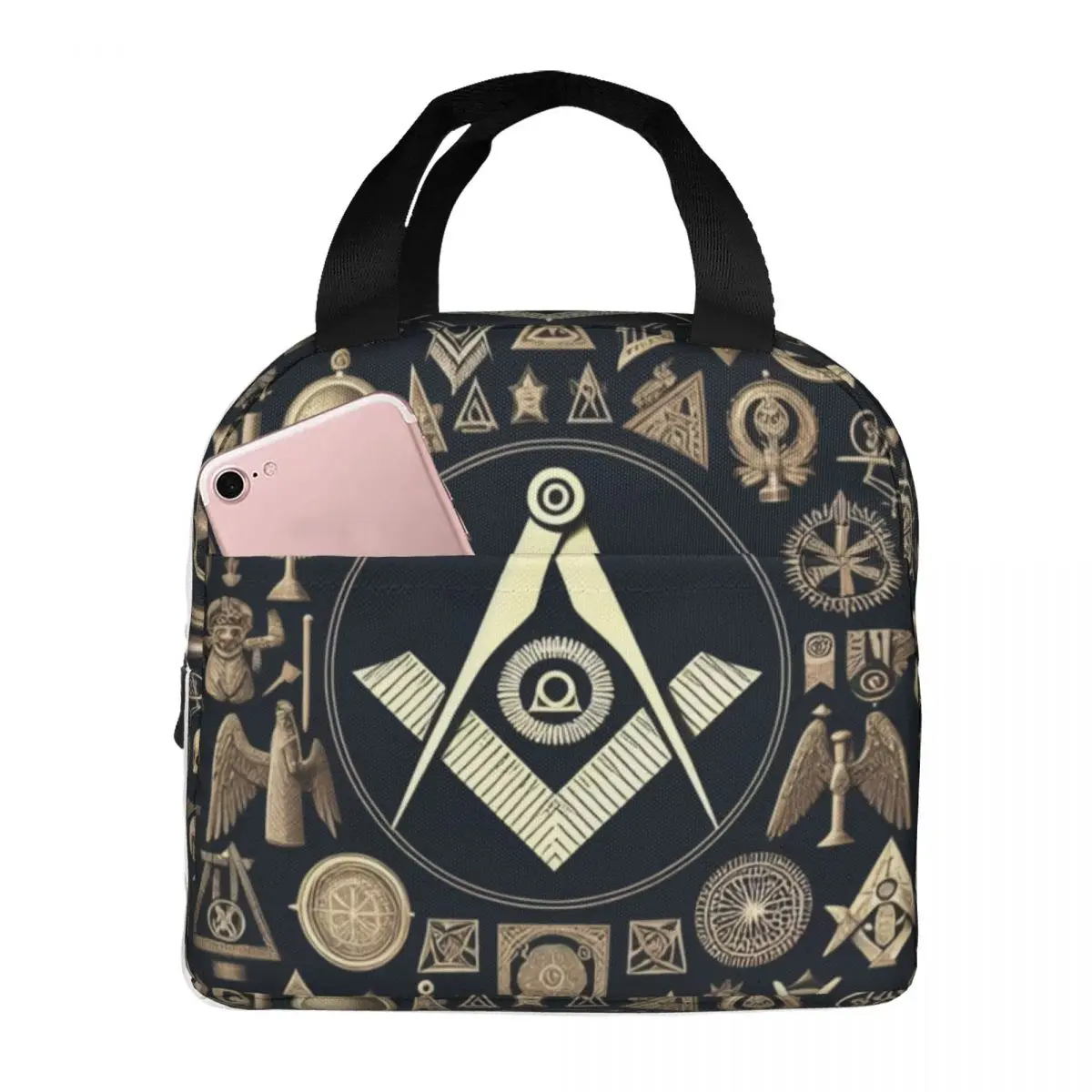 Freemason Gold Square And Compass Thermal Insulated Lunch Bag Women Freemasonry Symbol  Portable Lunch Container for Food Box