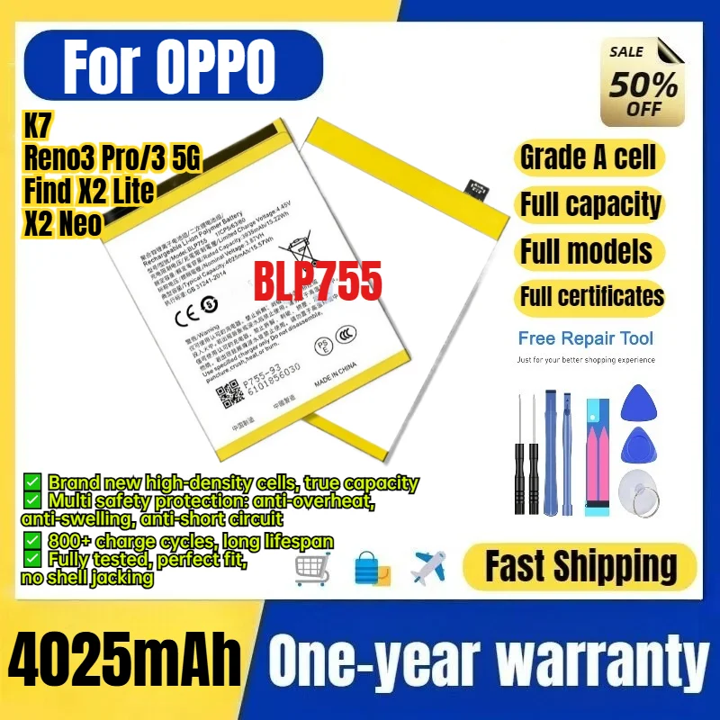 BLP755 for OPPO K7/Reno3 Pro/3 5G Find X2 Lite/X2 Neo Phone Battery 0Cycle High Capacity Battery Replacement Bateria  with Tools