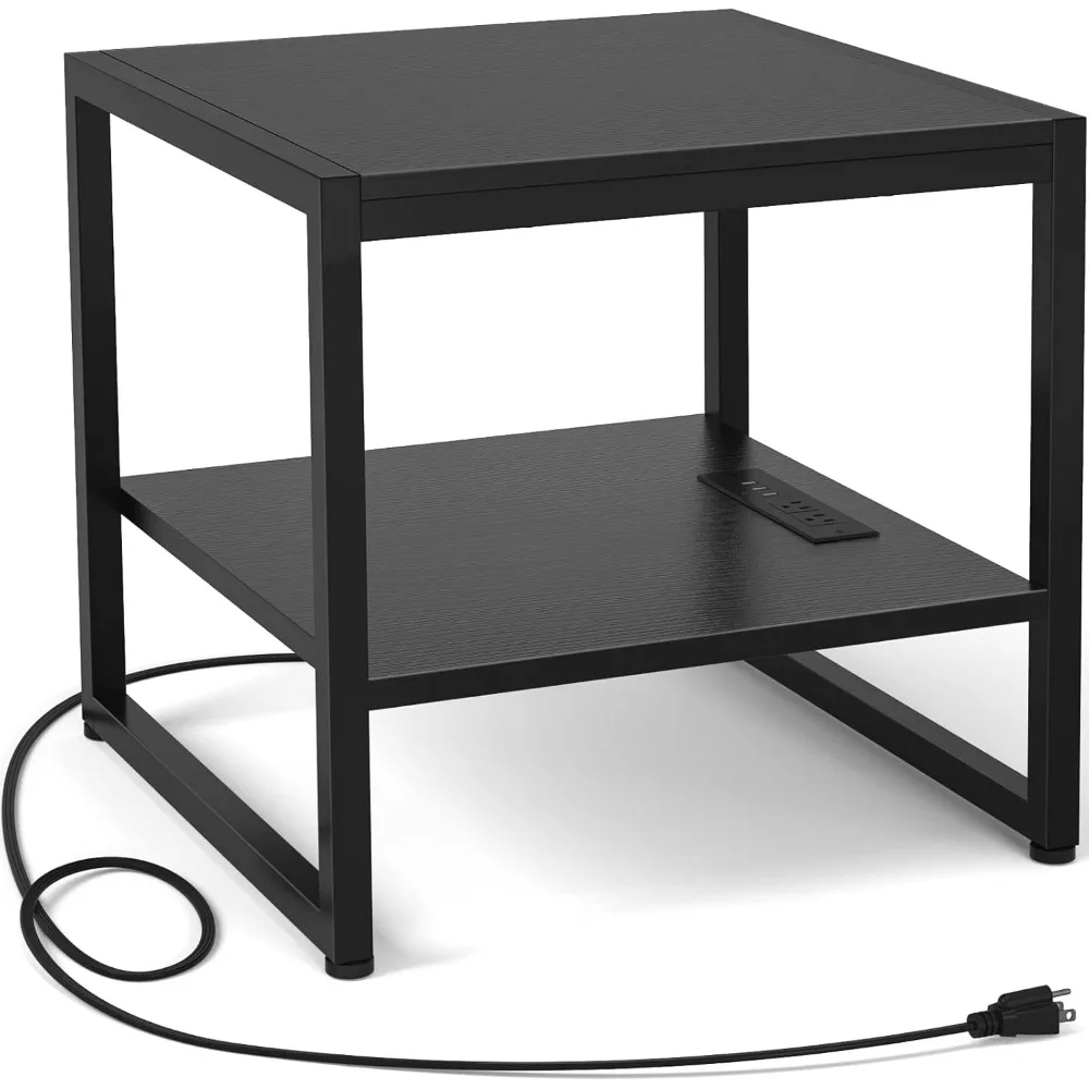 

End Table with Charging Station, 20 Inch Mini Fridge Stand with 2-Tier Open Shelf, Square Bedside Nightstand & Sofa Sid