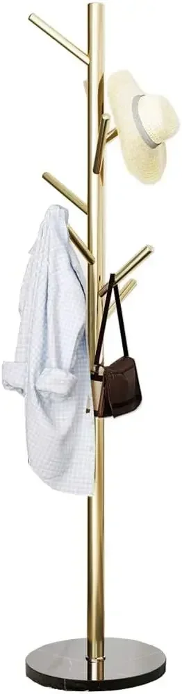 Metal Coat Rack Stand Golden Finish Stable Marble Base, Coat Hanger Floor Free Standing Wall Bedroom Easy Assembly