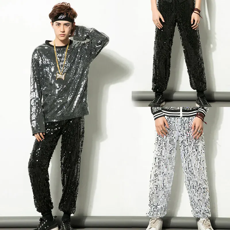 Mens Shiny Black Sequins Sweatpants Street Dance Disco Nightclub Pants Men Trousers Stage Prom Singer Costume Pants Hombre M-XL