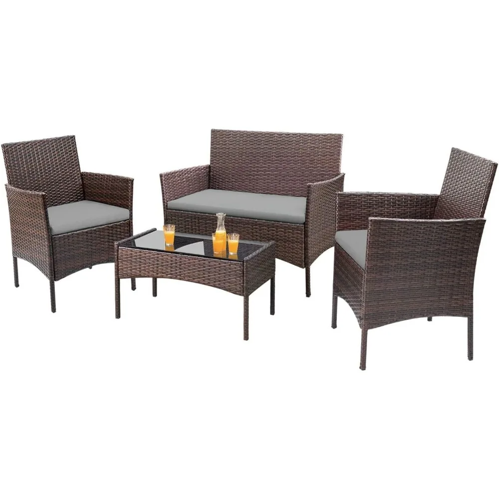 

4 Pieces Patio Rattan Chair Wicker, Outdoor Indoor Use Backyard Porch Garden Poolside Balcony Furniture Sets (Grey)