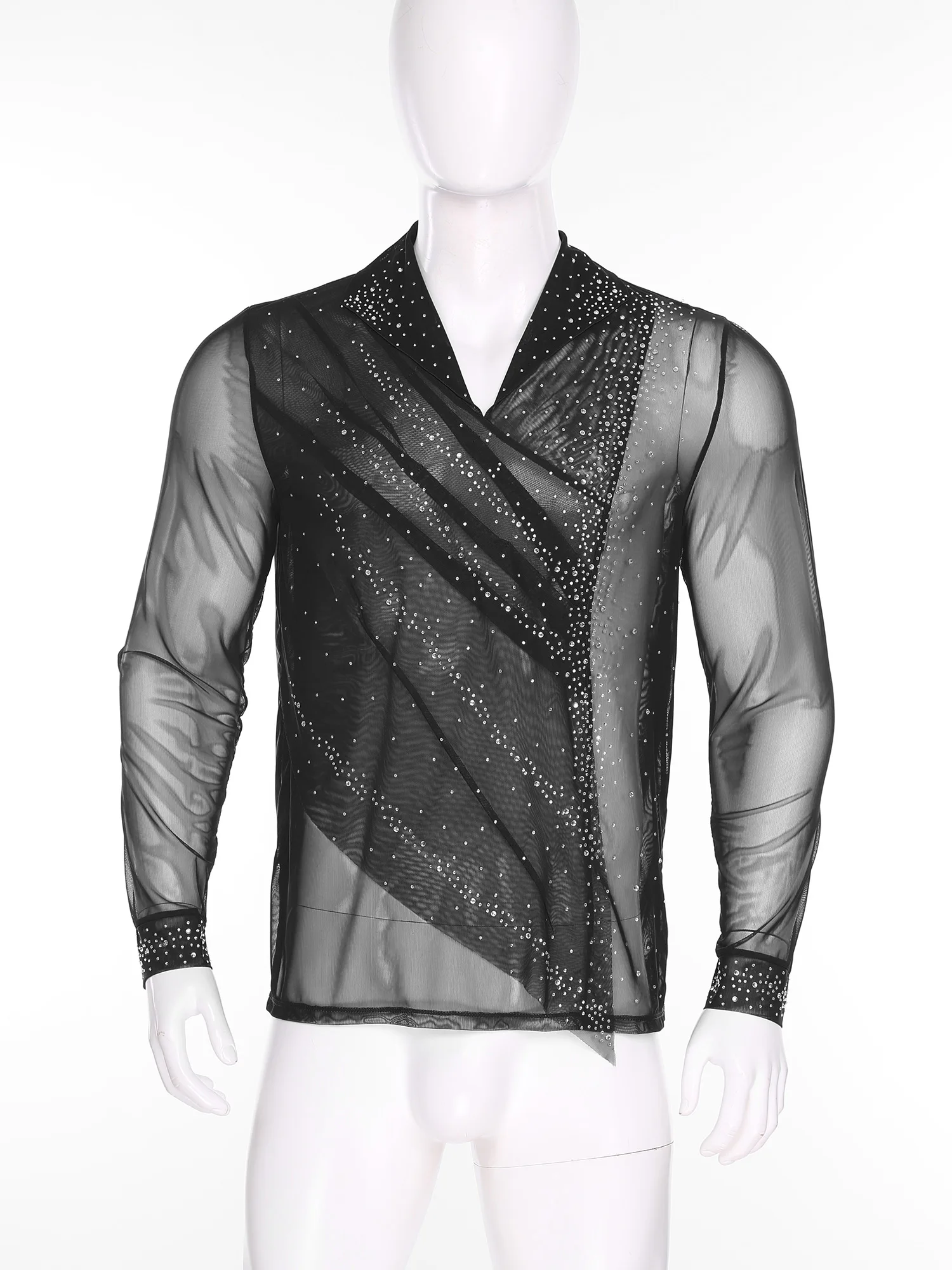Homens jazz latino samba dança traje malha patinação artística ballet dança camisas de manga longa strass ruched sobreposição pulôver topos