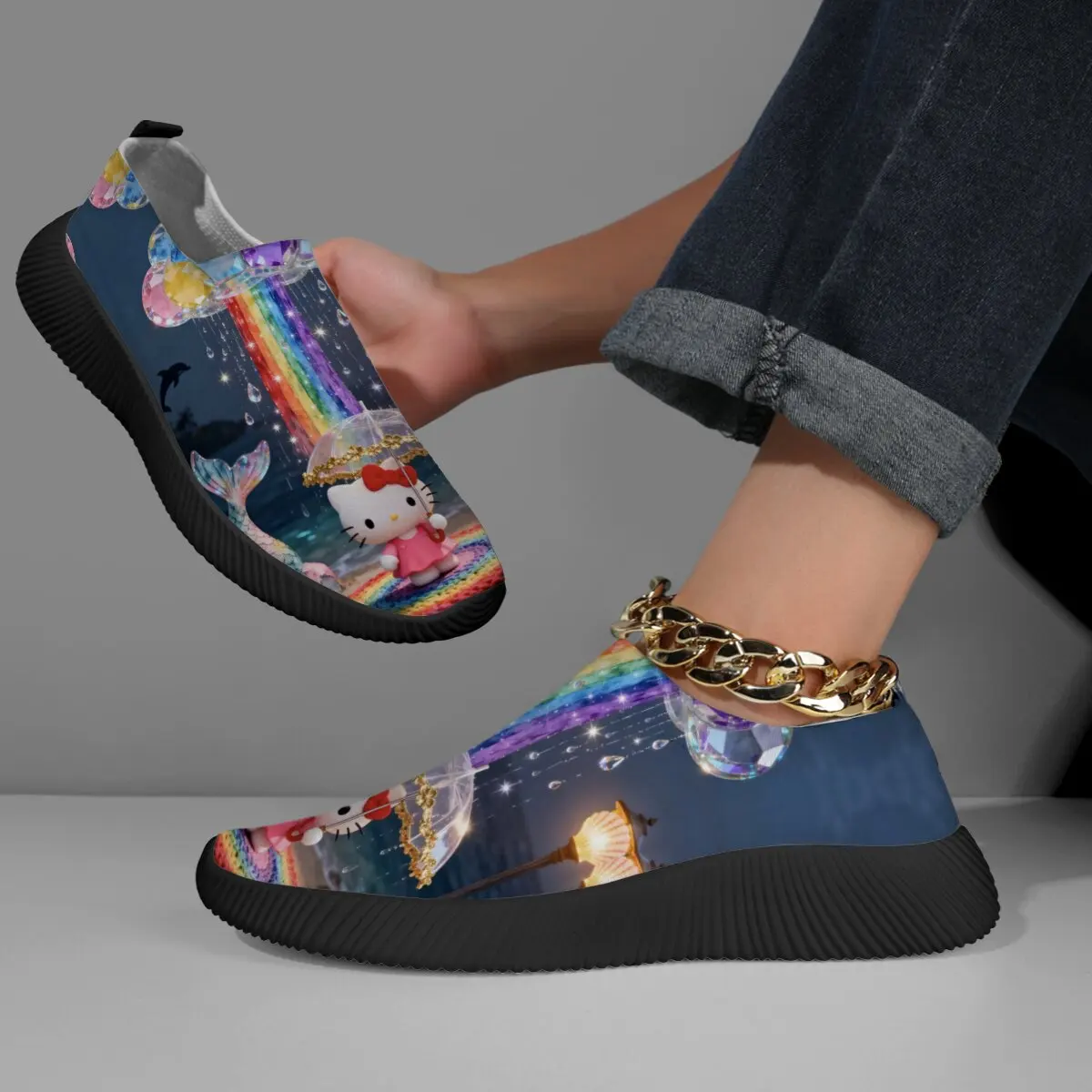 

Кроссовки женские, детская обувь без шнуровки с радужным мячом в стиле Дисней для девочек, женская обувь Hello Kitty, повседневные массивные лоферы