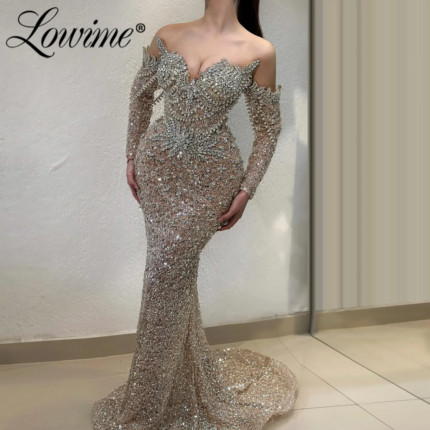 

Champagne Evening Dress Off The Shoulder Sexy Prom Dresses Mermaid Crystals Beaded Long Sleeves Customized Party Gowns 2026 Robe