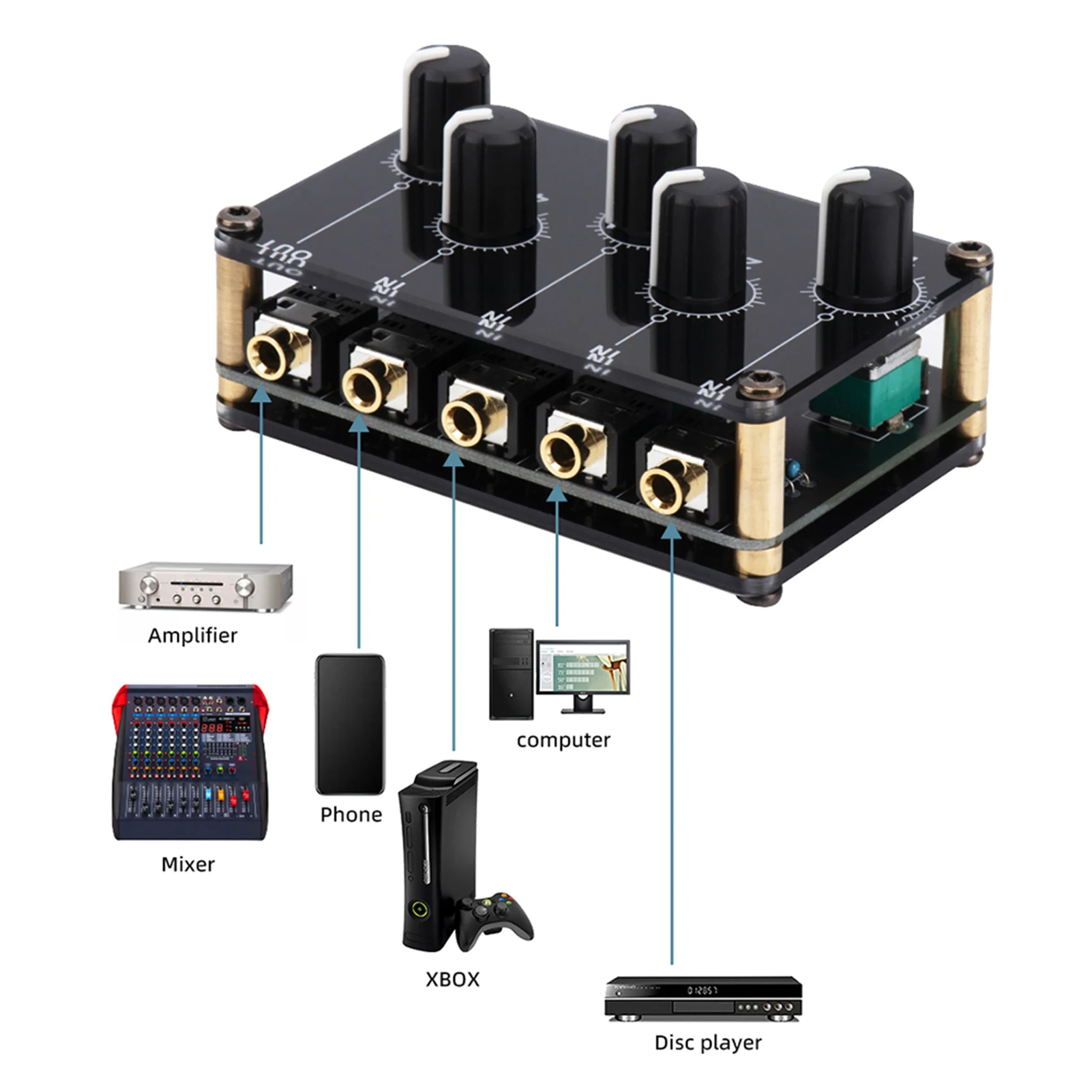 4-in-1-out Passive Mixer Module Mini Stereo 4-Channel Passive Mixer Audio Mixer 4 Audio Input to 1 Output Ultra Compact