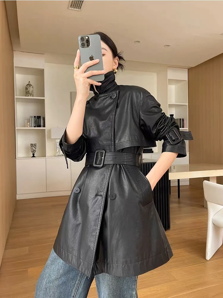 Versatile Classic Leather Windbreaker for Women 2025 Winter 100% Sheepskin Medium Long Trench Coat With Belt Sobretudo Feminino