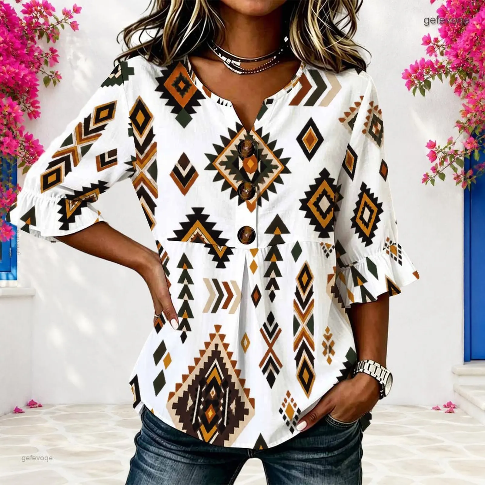 Women Aztec Geometric Printed Notch Neck 3/4 Ruffle Sleeve Button Front Blouse