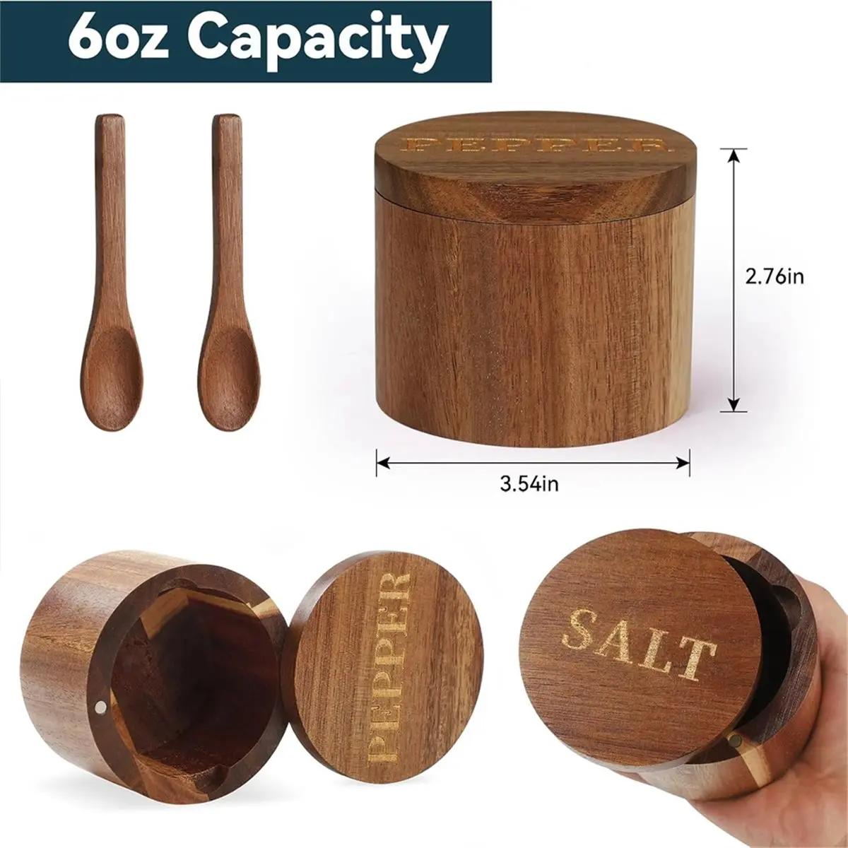 Salt Cellar,Salt and Pepper Set,Wood Salt Container with Built-in Spoon Lid,Salt Holder for Countertop Seasoning Storage