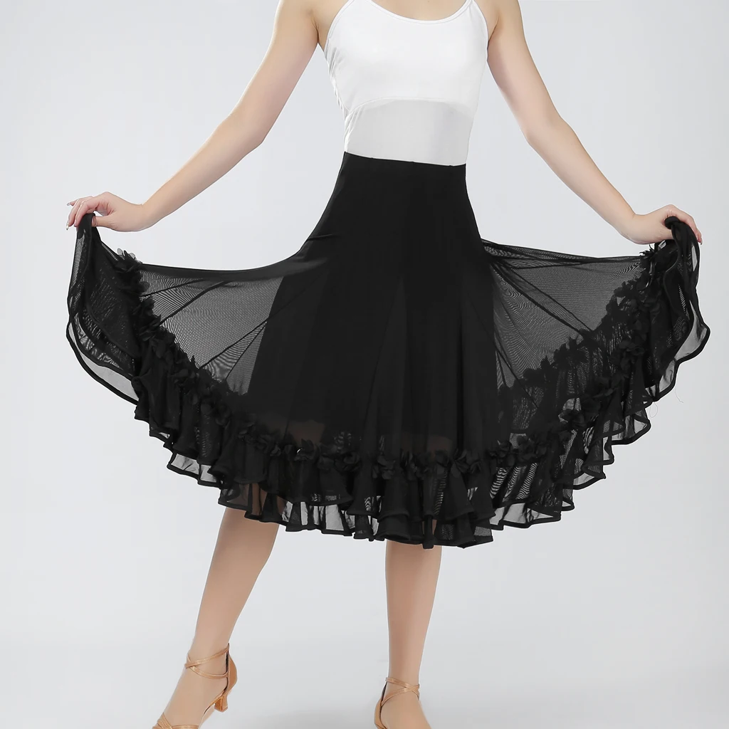 Mesh Tango Skirt Women Elastic Waist Floral Swing Latin Dance Costume for Ballroom Contemporary Waltz Cha Cha Events