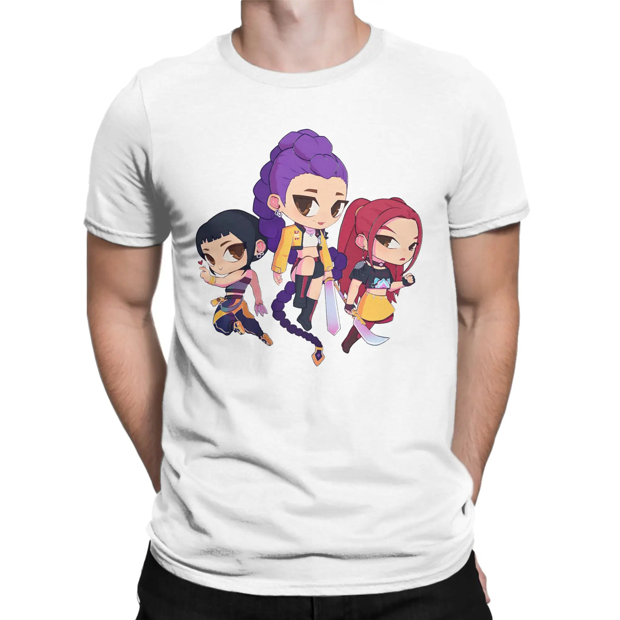 Huntrix الكرتون نمط Kpop شيطان الصيادين الرجال تي شيرت عادية تيز قصيرة الأكمام Crewneck تي شيرت ملابس قطنية كبيرة الحجم