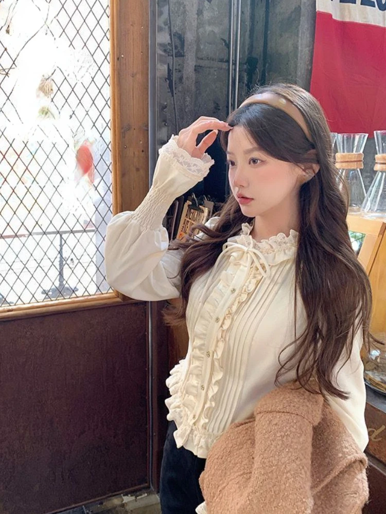 Flare Sleeve Vintage Elegant Shirts Women Ruffles Bandage Fairy Sweet Blouse Female Holiday Lace Korean Fashion Clothes 2023 New