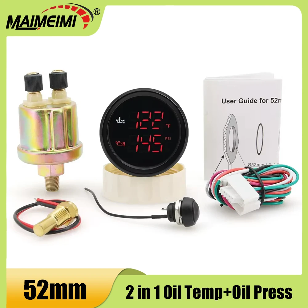 

52 мм 2 в 1 цифровой измеритель температуры масла + манометр масла 50 ~ 150 градусов Цельсия Температура 0-10 бар Пресс масла с сигнализацией для лодки и автомобиля