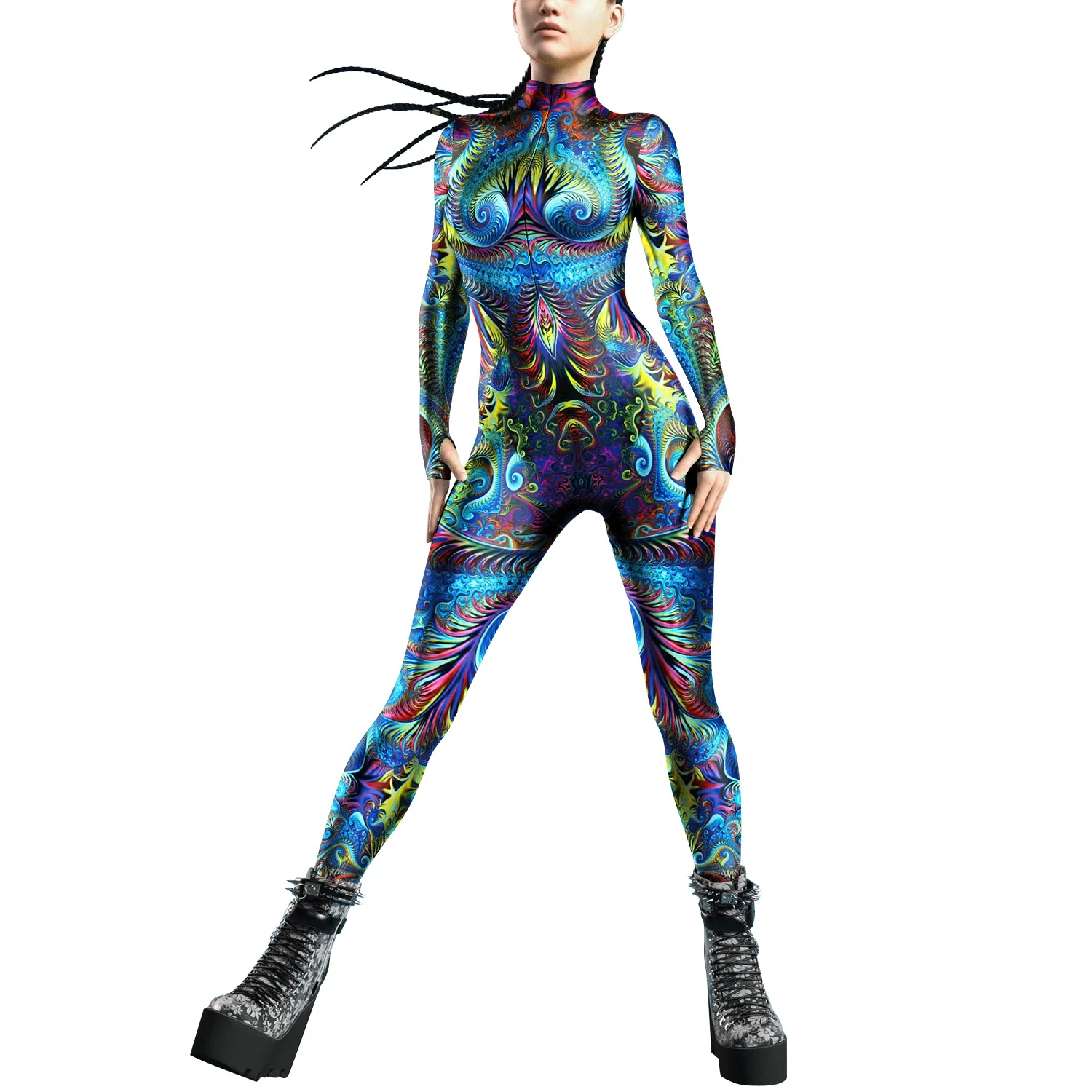 Teanoon Punk Costume for Women Front Zipper Carnival Party Zentai Bodysuit Female Robot Catsuit Purim Cosplay Clothes