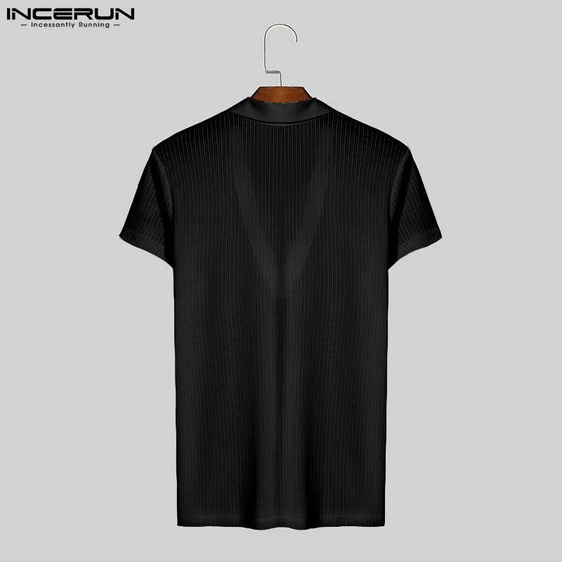 2024 Men\'s T Shirt Striped Transparent V Neck Short Sleeve Streetwear Summer Men Clothing Sexy Fitness Fashion Tee Tops INCERUN