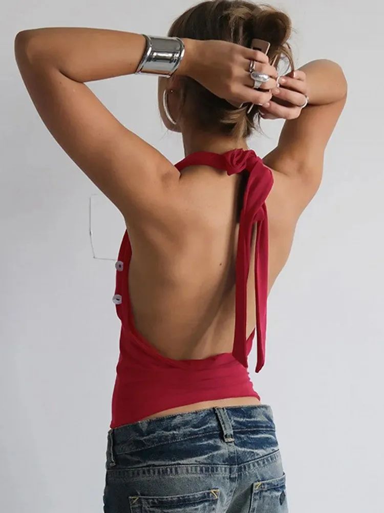 เสื้อกล้ามสายเดี่ยวผู้หญิง รุ่นซัมเมอร์ 2026 แบบเปิดหลัง คอ halter  ผ้าลูกไม้  เสื้อสายเดี่ยวแบบพื้นฐาน  ไม่มีแขน  เสื้อกล้ามผู้หญิงสำหรับฤดูร้อน