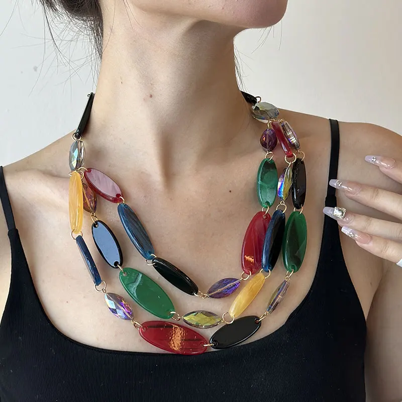 Vintage Colored Bead Chain Necklaces for Women Luxury Designer Multi Layered Bib Necklace Mother\'s Day Gifts Choker Summer Party