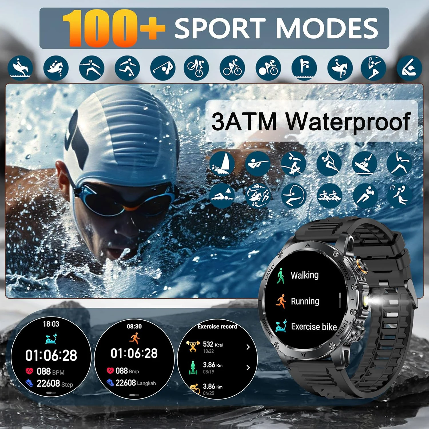 Nowy męski smartwatch wojskowy klasy 2025 z bardzo dużą baterią 1000mAh, GPS, wodoodpornością 3ATM, połączeniami Bluetooth, funkcjami sportowymi i monitorowaniem aktywności fizycznej.