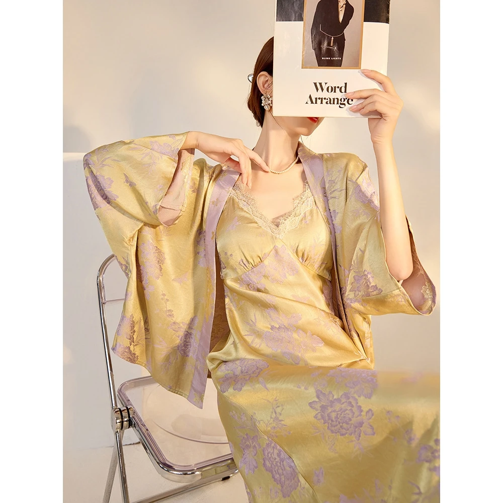 

Retro Luxury Silk Strap Dress Summer Women's Outfit Set Loose Top Long Sleeve Fashionable Ensemble Elegant Lady Style