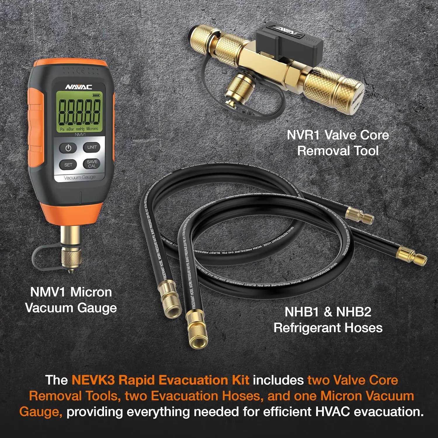 Rapid Evacuation Kit - Valve Core Removal Tool Set with 1/4″ & 5/16″ VCRT, 3/8″ to 1/4″ & 1/2″ to 1/4″ Fittings, Mic