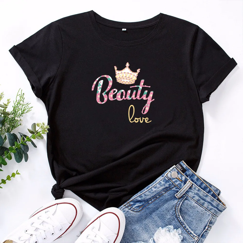 

Beauty Love Crown Print T Shirt Women Short Sleeve O Neck Loose Tshirt Women Causal Tee Shirt Tops Camisetas Mujer