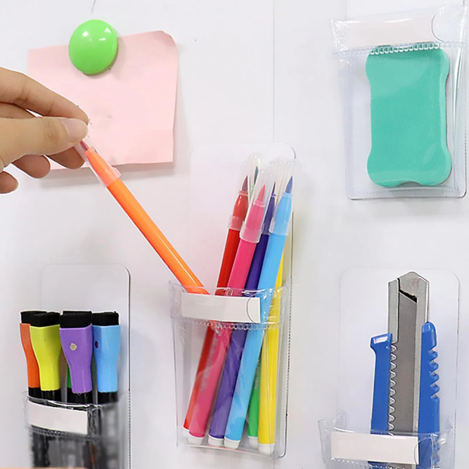 Magnetic Transparent PVC Whiteboard Pen Holder Box Soft Magnetic Back Pen Storage Cup Multi Purpose Desk Organizer for
