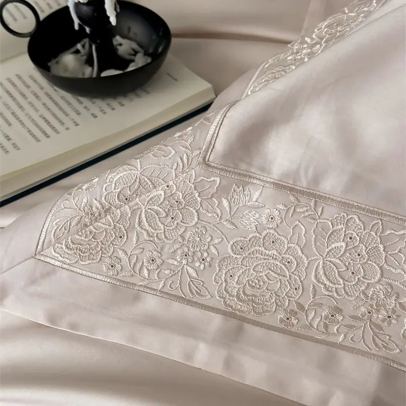 1000TC Egyptian Cotton Floral Embroidery Wide Side Design Luxury Bedding Set Duvet Cover Bed Sheet/Fitted Sheet Pillowcases 4Pcs