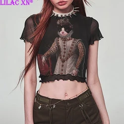 Y2K Sexy Gauze Cat Printed T-Shirts Goth Aesthetic Vintage Black Lace Mesh See Through Crop Tops Summer Women Tees Streetwear