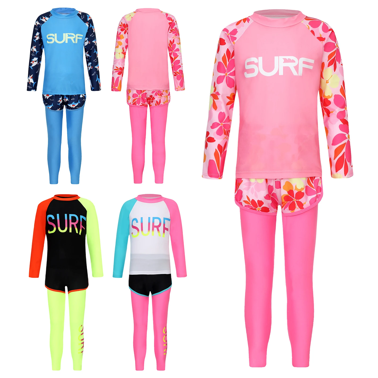 Kids Girls Boys 3 Pieces Swimsuit Swim Top with Shorts Pants Set UPF 50+ Rash Guard Outfits Bathing Suit Water Park Swimwear