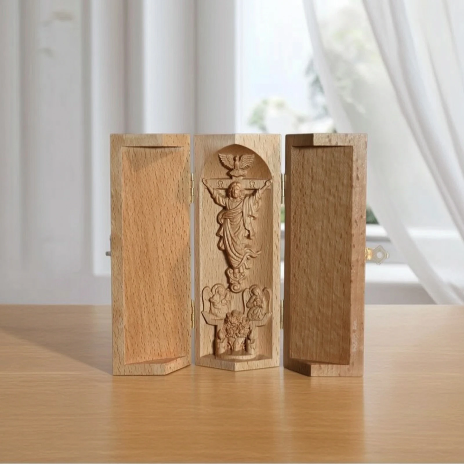 Folding Triptych Compact Carving with Hinged Panels Shrine Portable for Believers, Prayer Corner, Altar