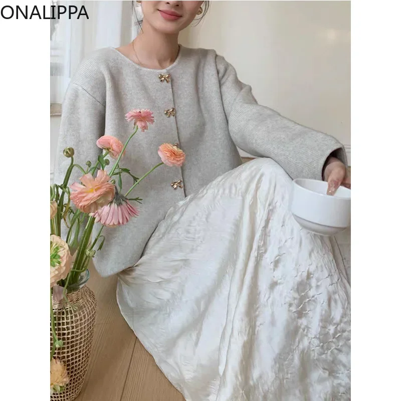 Onalippa Small Fragrance Solid Knitted Cardigan Bows Buttons Single Breasted Loose Cardigans French Style Sweet Sweater Women