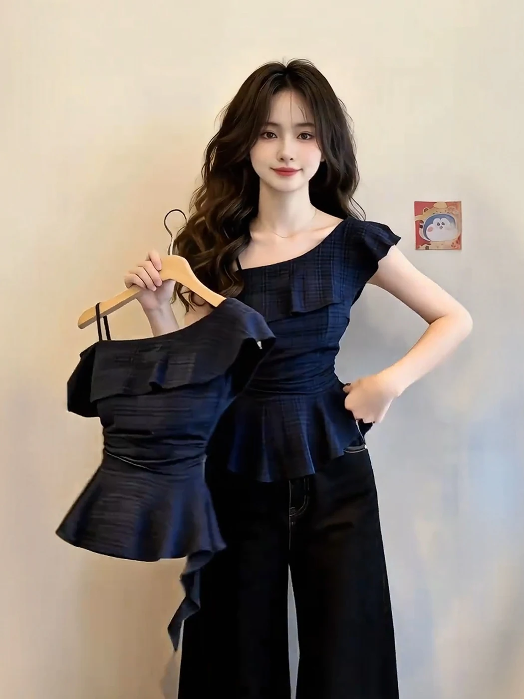 

Blue Plaid Slim Fit Women's Shirt Summer New Style Beautiful Waist Cinched Slimming Short Sleeve Elegant Wind Women's Blouse