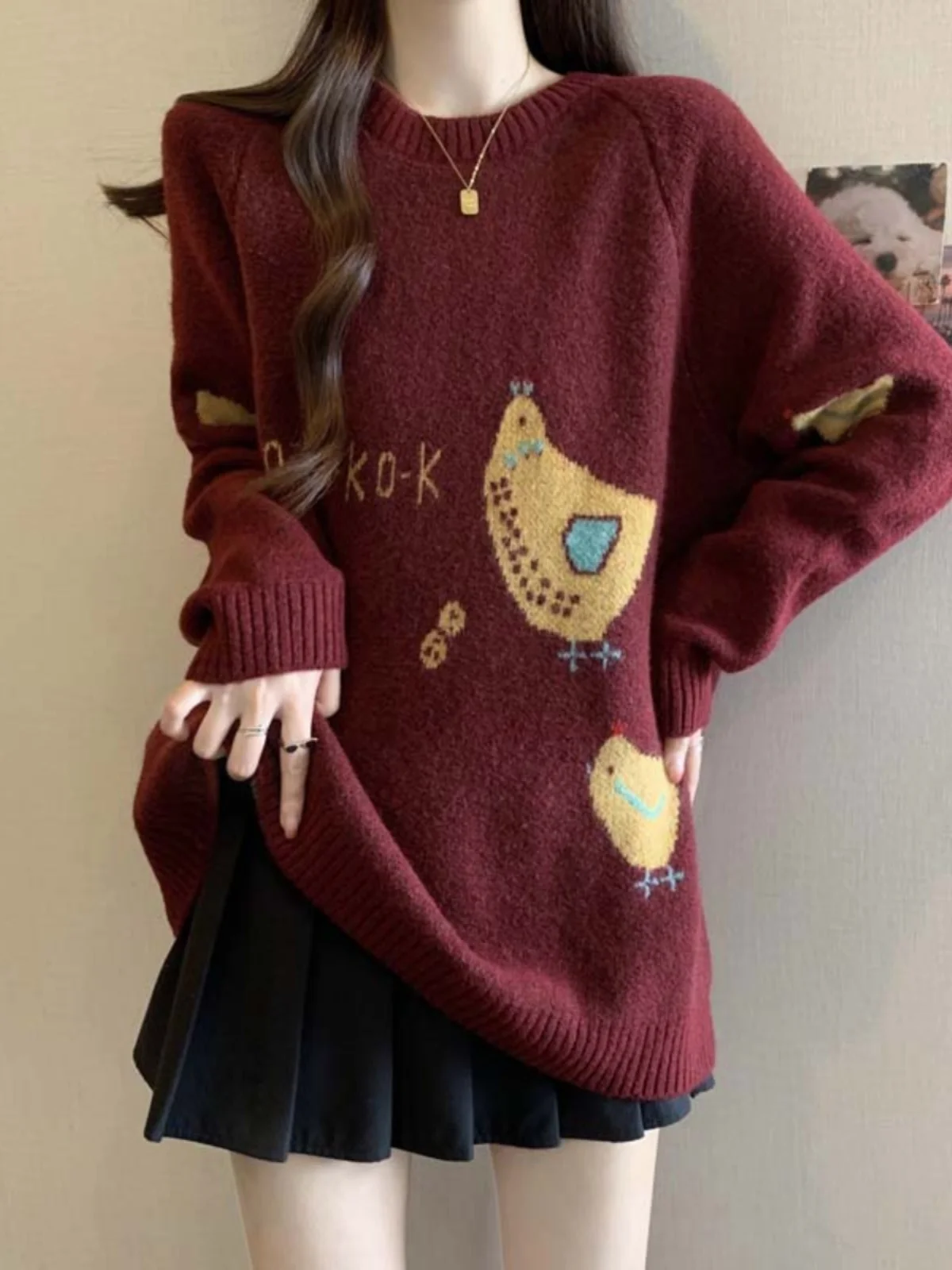 

Вязаный красный свитер больших размеров, женский осенне-зимний ленивый свободный утягивающий базовый свитер irt oulder Width Regular Sve Long