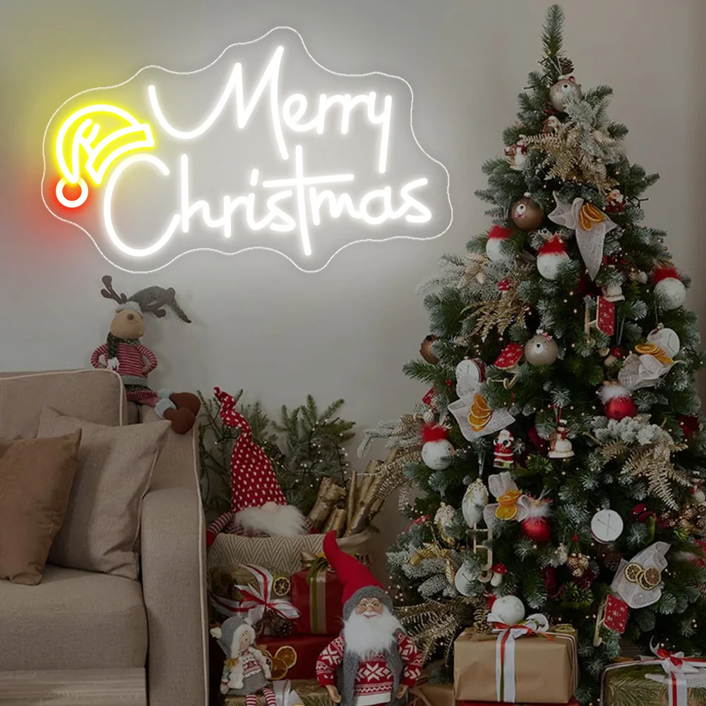قبعة عيد الميلاد هدايا عيد ميلاد سعيد النيون تسجيل اللون مزيج LED أضواء النيون للأطفال مصباح الحفلات علامات النيون جدار غرفة نوم الديكور