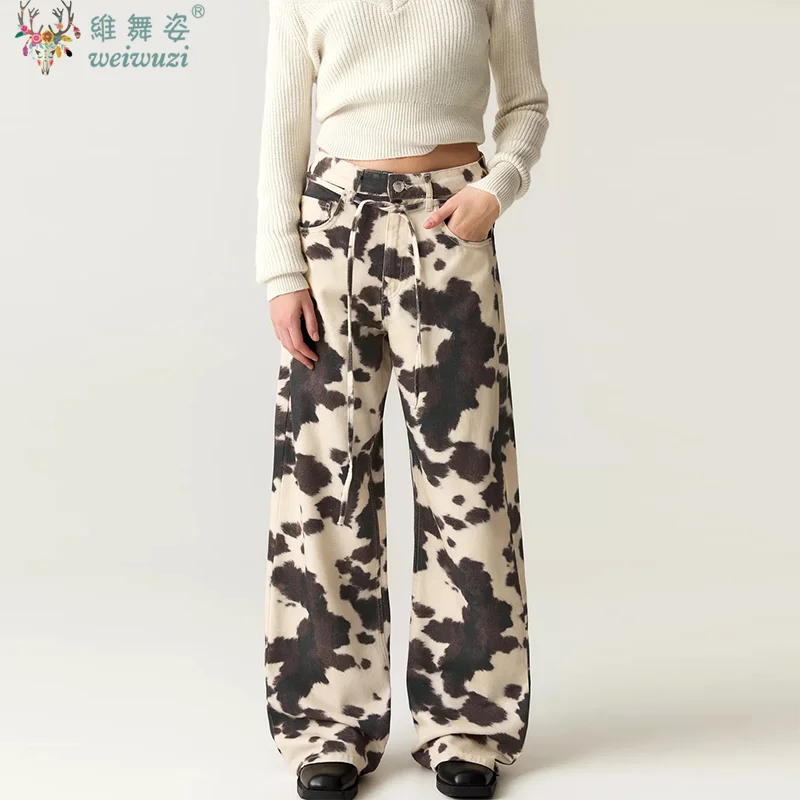 

Винтажные женские джинсы с коровьим принтом Y2k, осенние мешковатые джинсовые брюки с высокой талией, шикарные гранж-хоп уличные джинсы, повседневные джинсы, эстетические