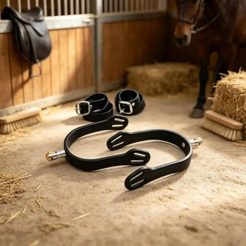 Horse Spur Accessory Set with Metal Roller End Pair, Adjustable Leather Bands for Stable Training, Footwear Hold, and Daily