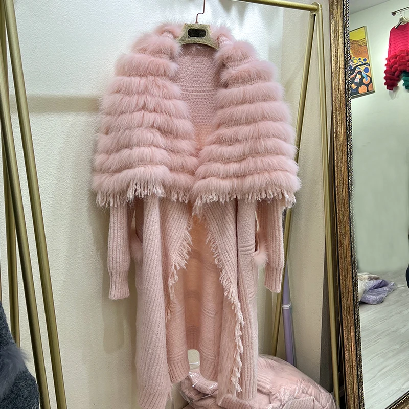 2023 Women Real Fox Fur Knitting OverSize Coat Autumn Fox Fur Decoration Lady's Fashion Long Sweater Fashion Length 110cm